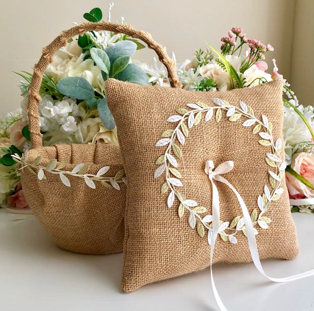 Fall leaves wedding burlap pillow and wicker basket, rustic authentic weddings ring bearer pillow and flower girl basket set.