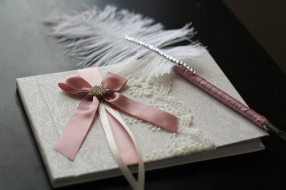 Wedding Guest Book with Pen / Dusty Rose Guest Book / Mauve memory book / Wishes book / ostrich feather pen / wedding sign in book pen