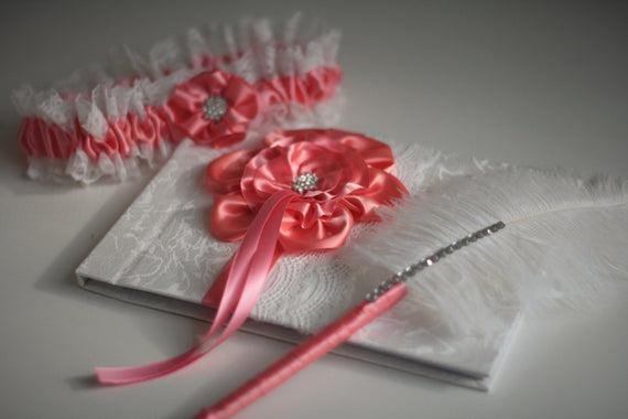 Coral Flower Girl Basket, Wedding Ring Pillow, Bridal Garters and Gues –  Alex Emotions