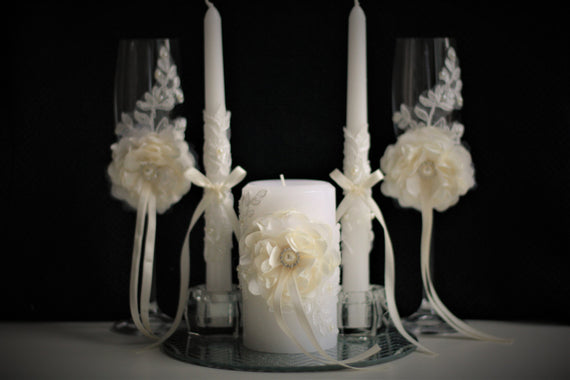 Ivory Wedding Unity Candles and Champagne Glasses + Flower \ Cake Serving Set + Ring Bearer Pillow & Flower Girl Basket + Ivory Guest Book