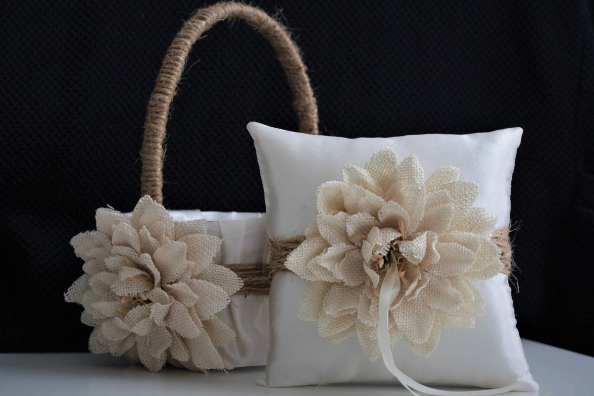 Coral and Grey buying Wedding Flower Girl Basket and Ring Bearer Pillow Set