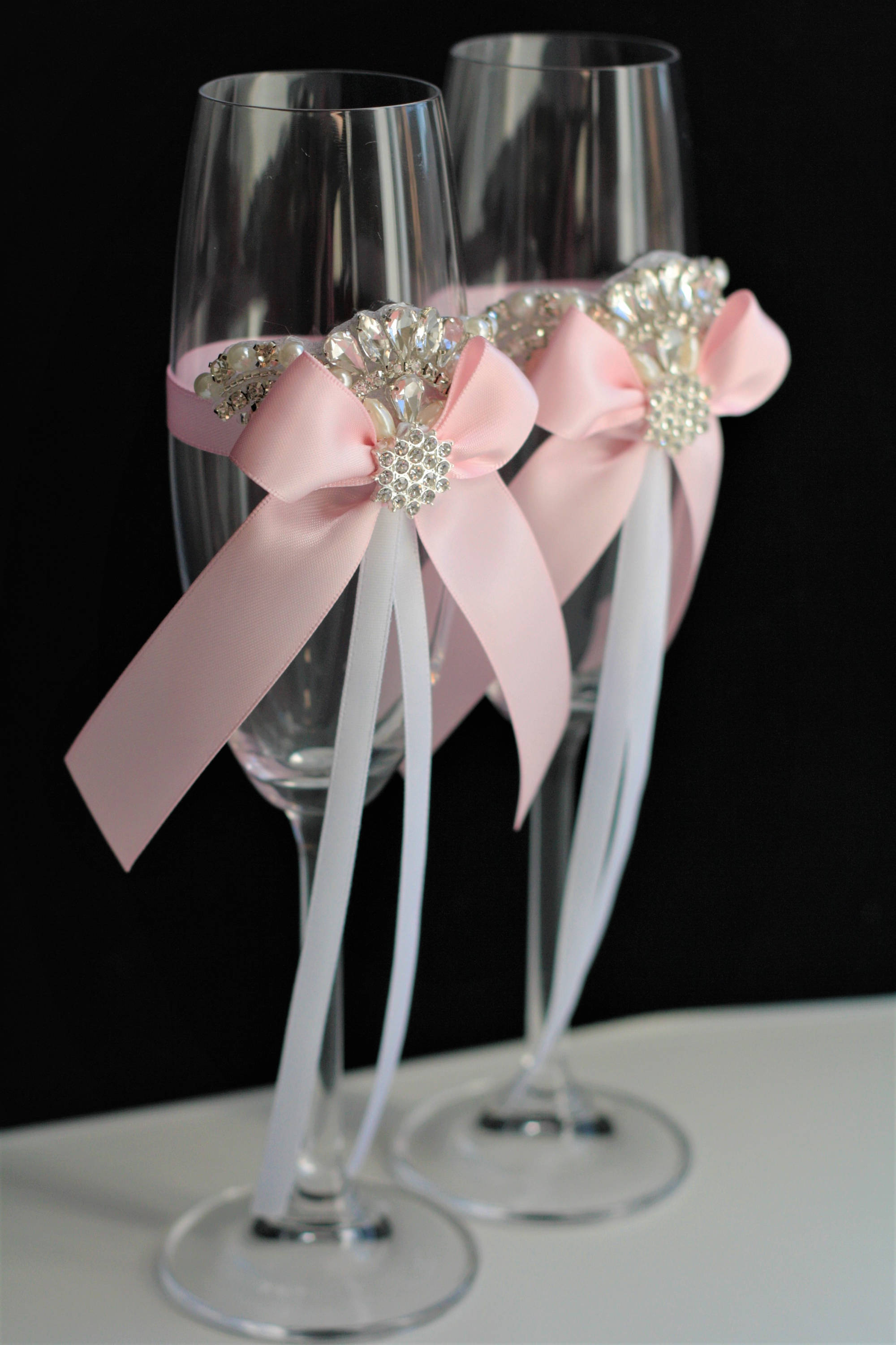White Vintage Rose Hand Painted Champagne Flutes - 2 Flutes