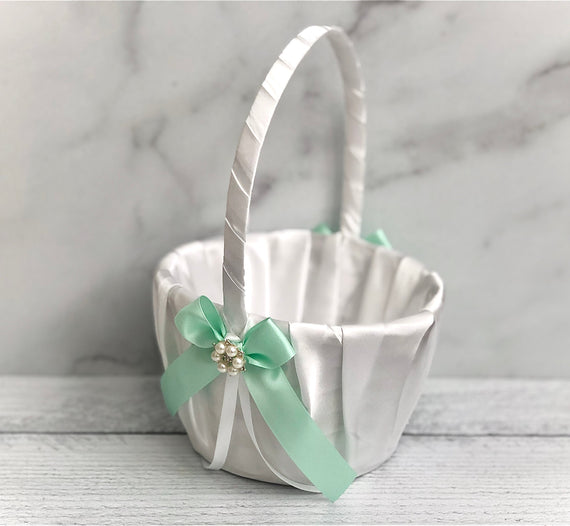 Flower Girl Basket White and Emerald Green Wedding, Emerald Green Basket,  Wedding Basket White and Green Wedding, Flower Basket Emerald 